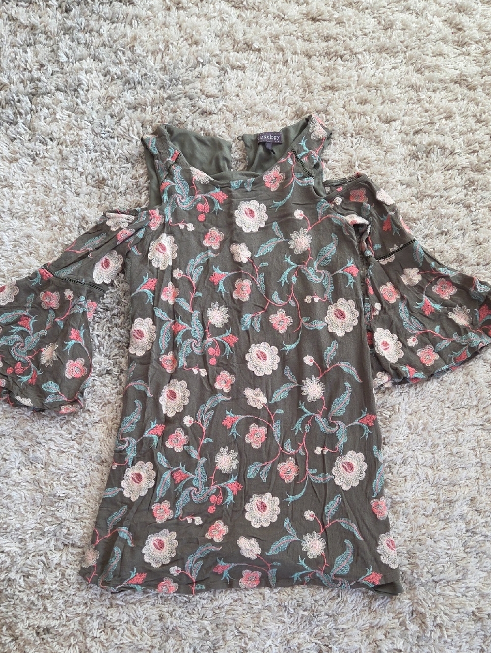 Luxology Olive Floral Cold-Shoulder Embroidered Blouse